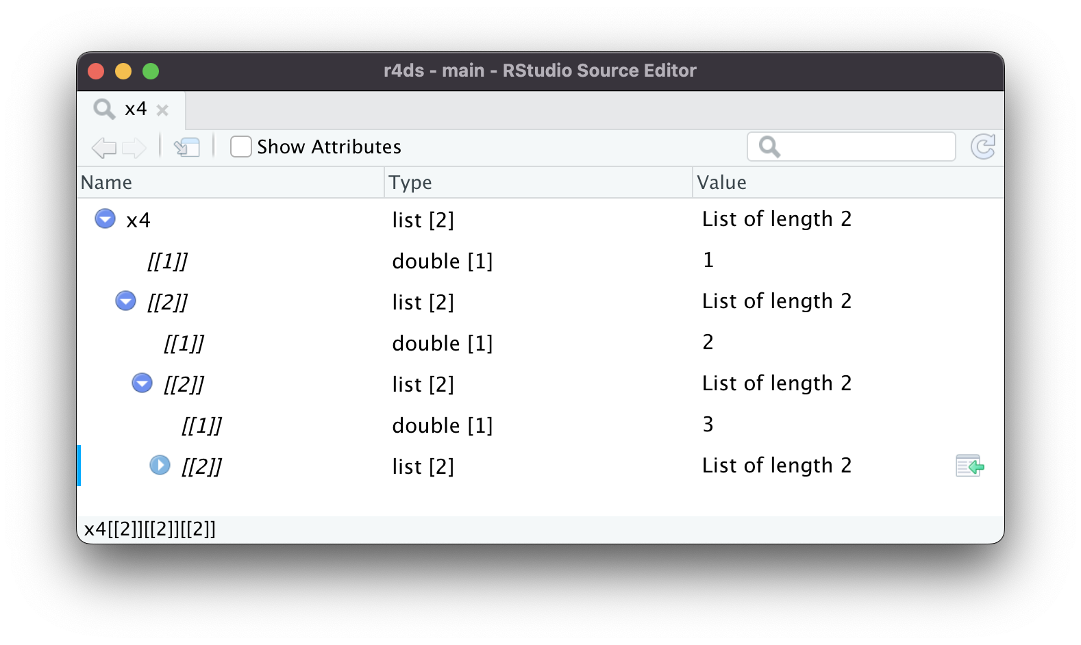 Another screenshot, having expanded the grandchild of x4 to see its two children, again a double vector and a list. 