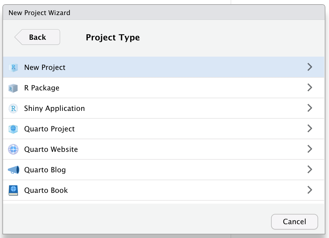 Three screenshots of the New Project menu. In the first screenshot, the Create Project window is shown and New Directory is selected. In the second screenshot, the Project Type window is shown and Empty Project is selected. In the third screenshot, the Create New Project  window is shown and the directory name is given as r4ds and the project is being created as subdirectory of the Desktop. 