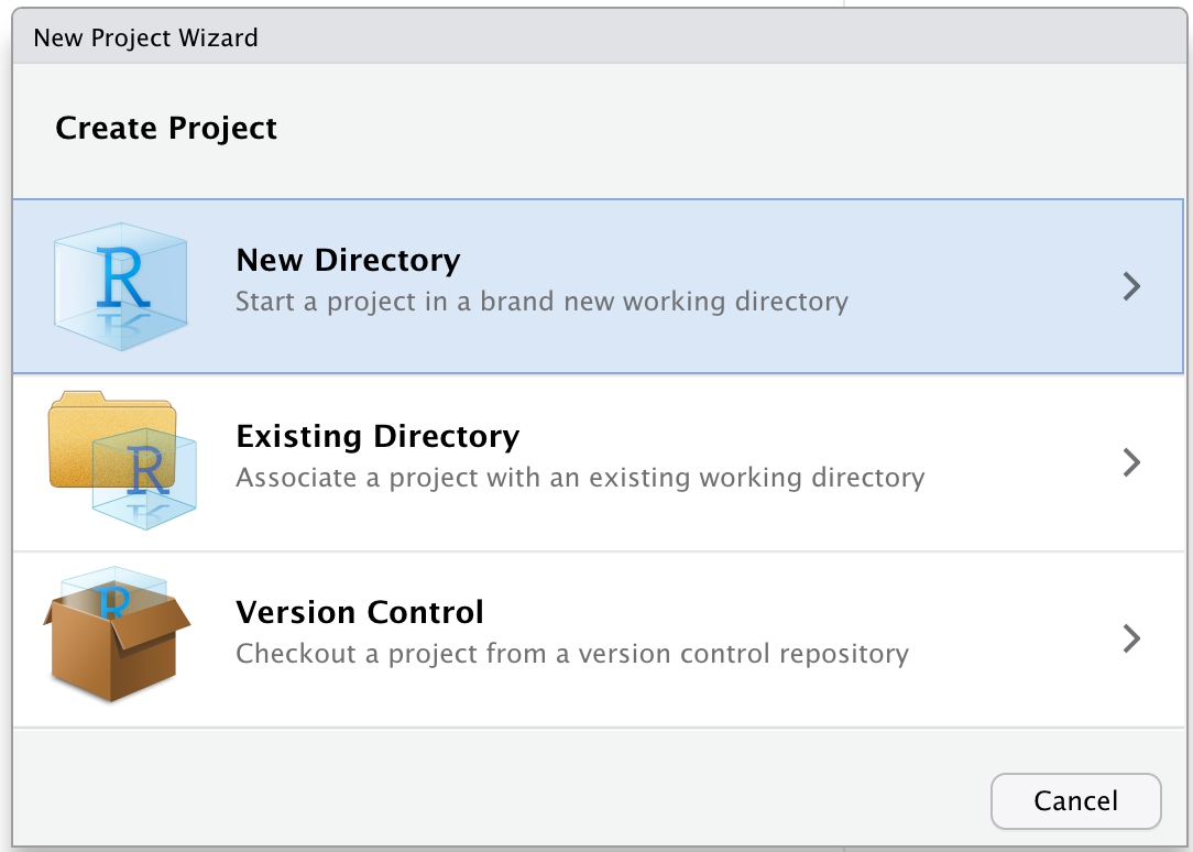 Three screenshots of the New Project menu. In the first screenshot, the Create Project window is shown and New Directory is selected. In the second screenshot, the Project Type window is shown and Empty Project is selected. In the third screenshot, the Create New Project  window is shown and the directory name is given as r4ds and the project is being created as subdirectory of the Desktop. 