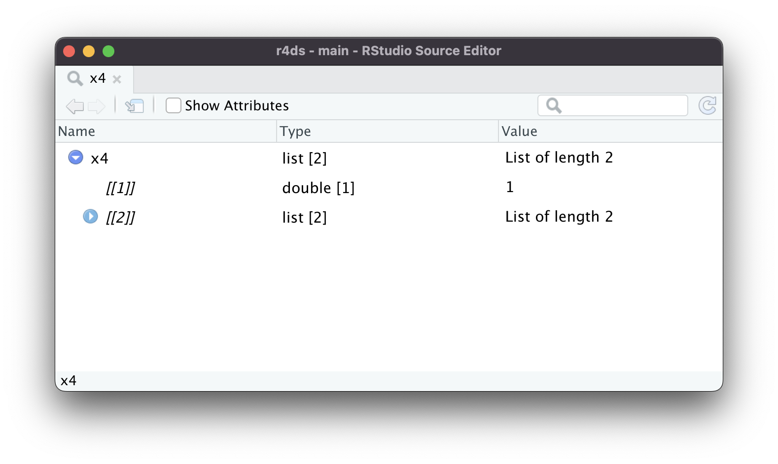 A screenshot of RStudio showing the list-viewer. It shows the two children of x4: the first child is a double vector and the second child is a list. A rightward facing triable indicates that the second child itself has children but you can't see them. 